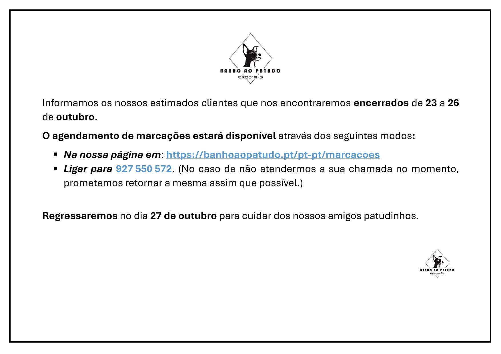 Encerramento para férias - 23 a 26 de outubro
